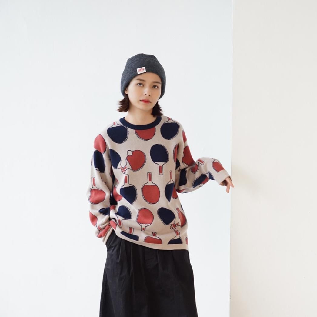 GOC crew neck retro print double knit cotton sweater - Ping pong