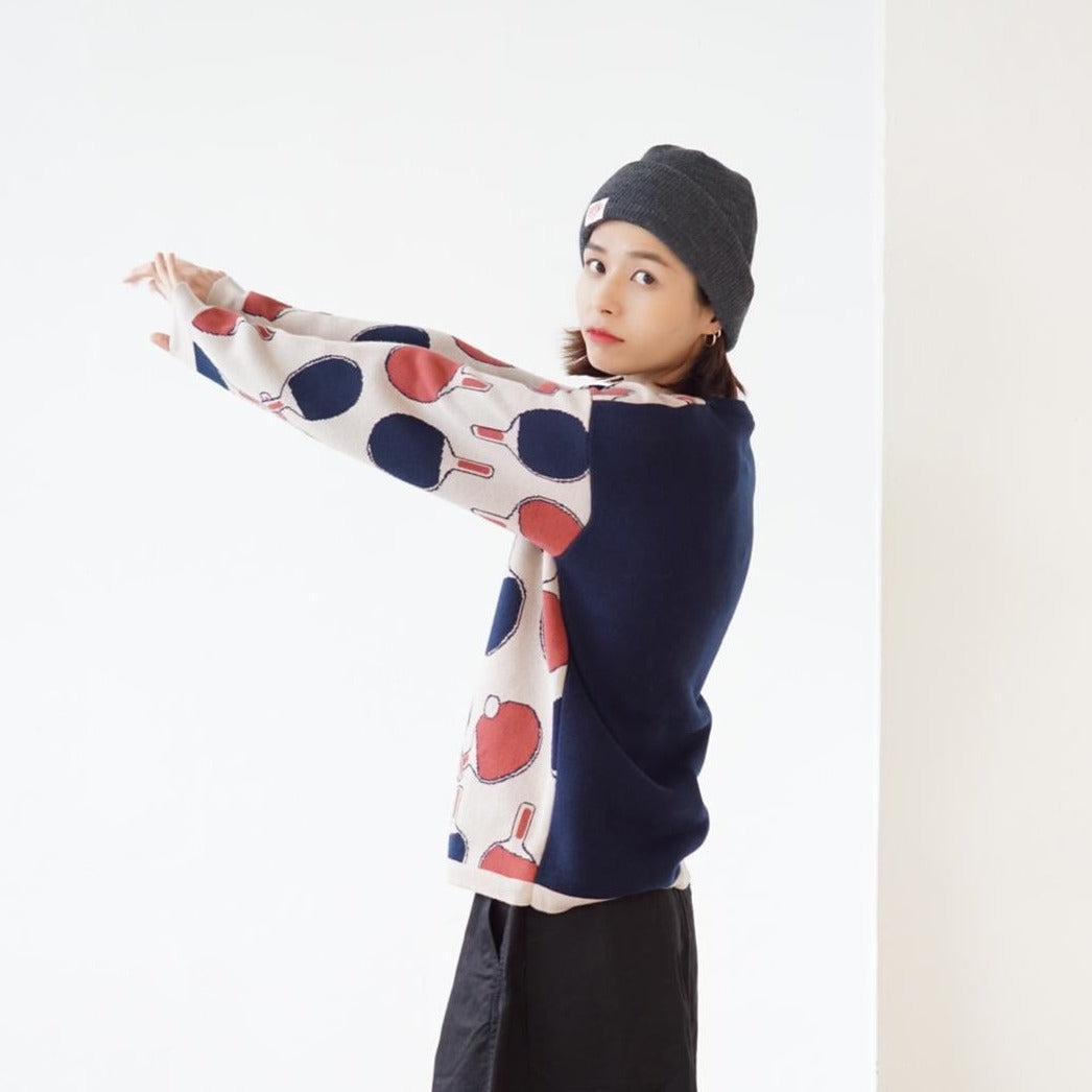 GOC crew neck retro print double knit cotton sweater - Ping pong