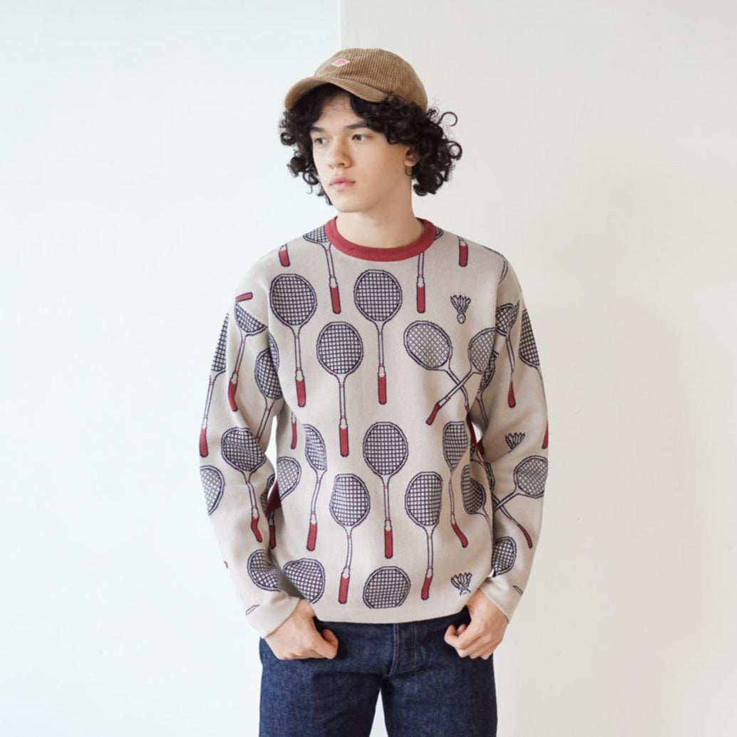 GOC crew neck retro print double knit cotton sweater - Badminton