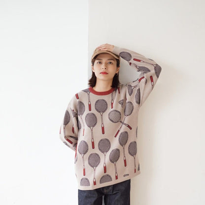 GOC crew neck retro print double knit cotton sweater - Badminton