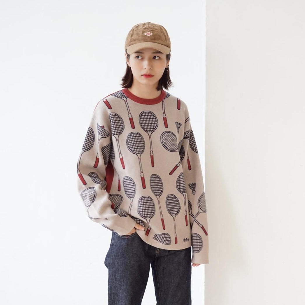 GOC crew neck retro print double knit cotton sweater - Badminton