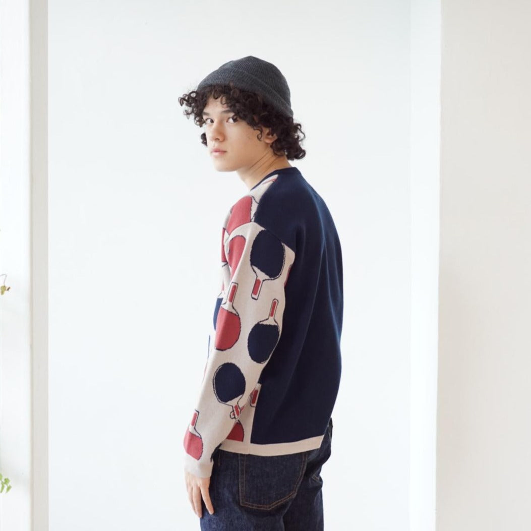 GOC crew neck retro print double knit cotton sweater - Ping pong