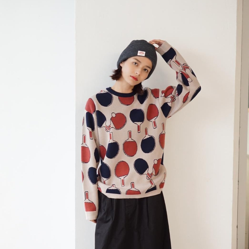 GOC crew neck retro print double knit cotton sweater - Ping pong