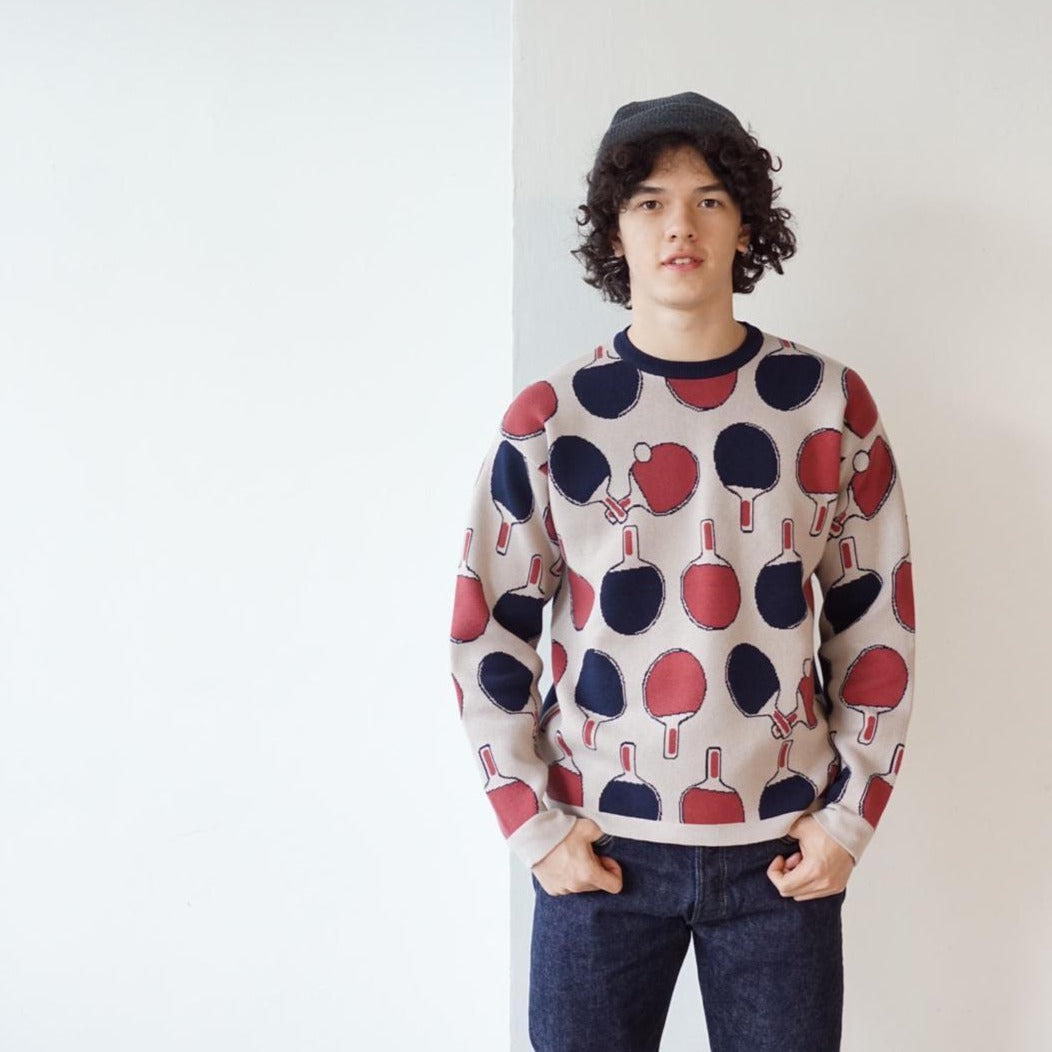 GOC crew neck retro print double knit cotton sweater - Ping pong