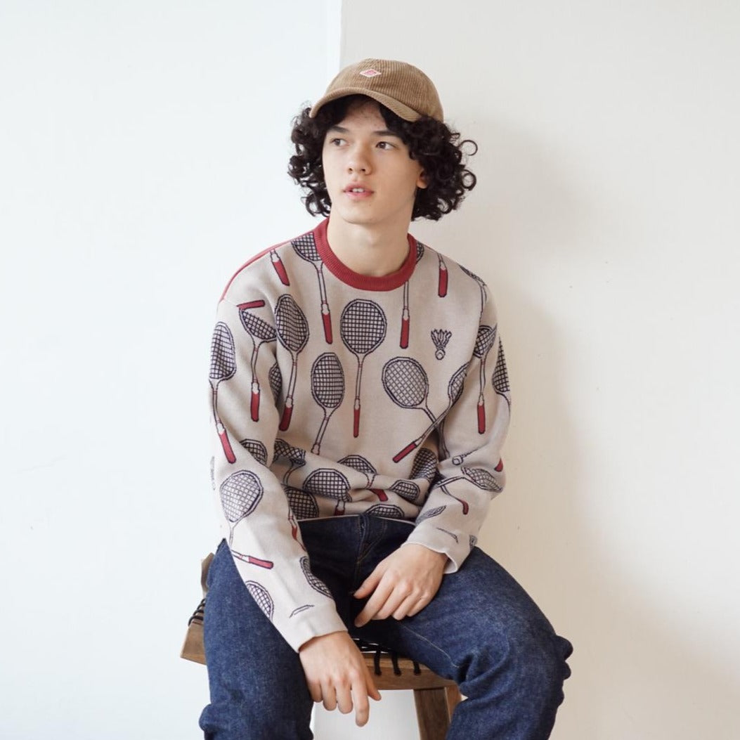 GOC crew neck retro print double knit cotton sweater - Badminton