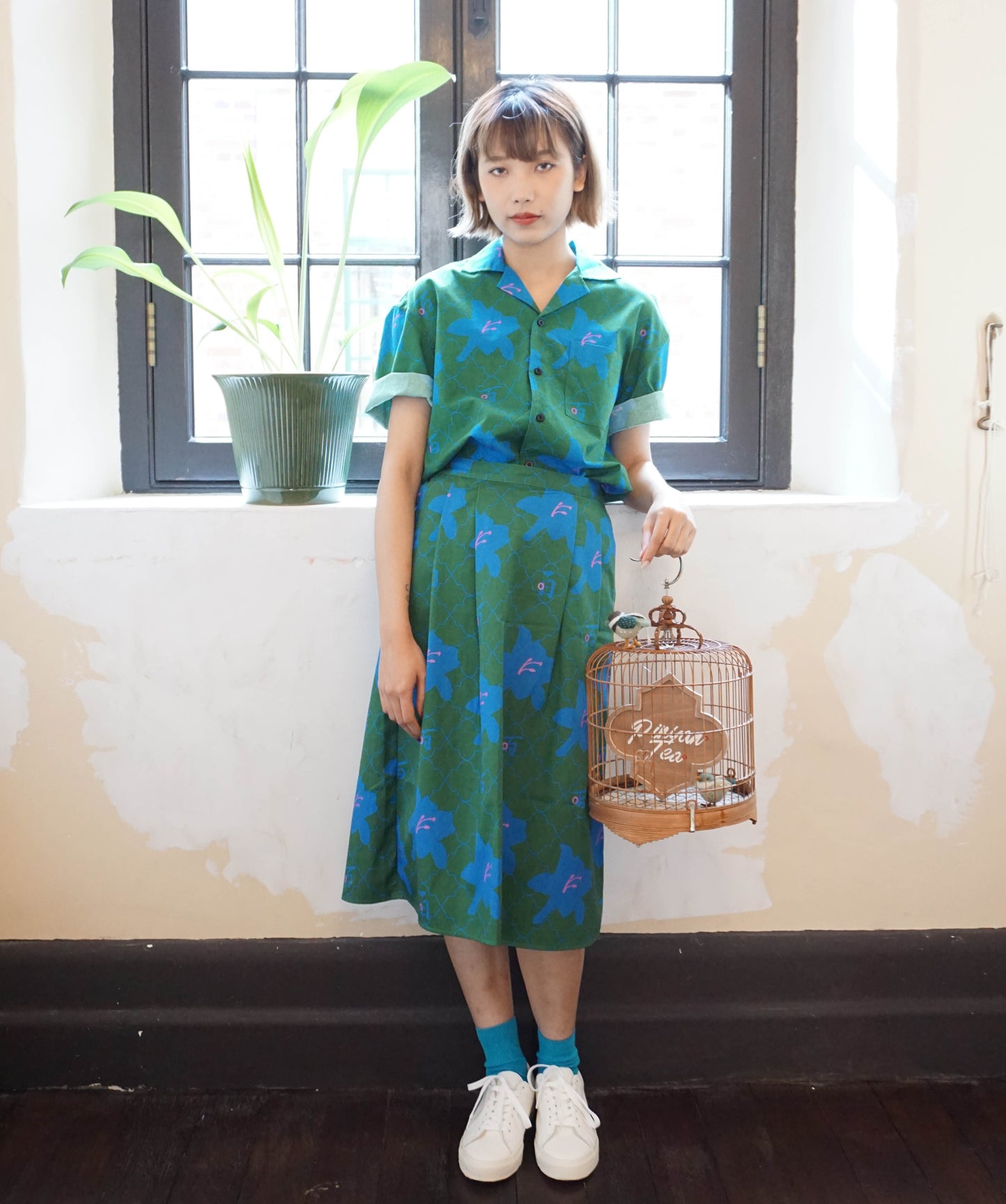 GOC floral cotton mid-length a line skirt - Green Lily