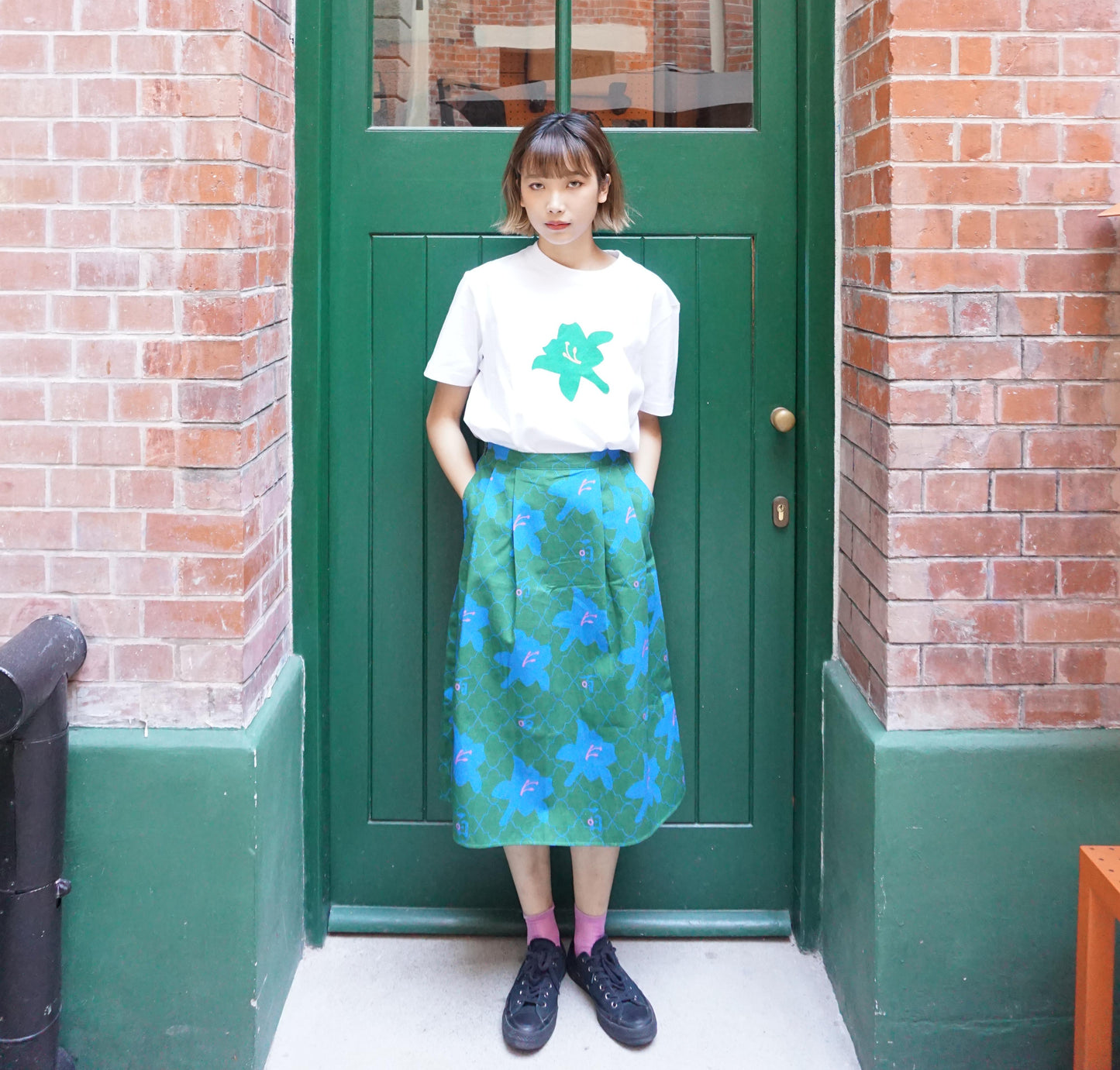 GOC floral cotton mid-length a line skirt - Green Lily