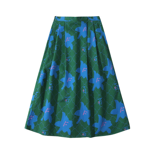 GOC floral cotton mid-length a line skirt - Green Lily