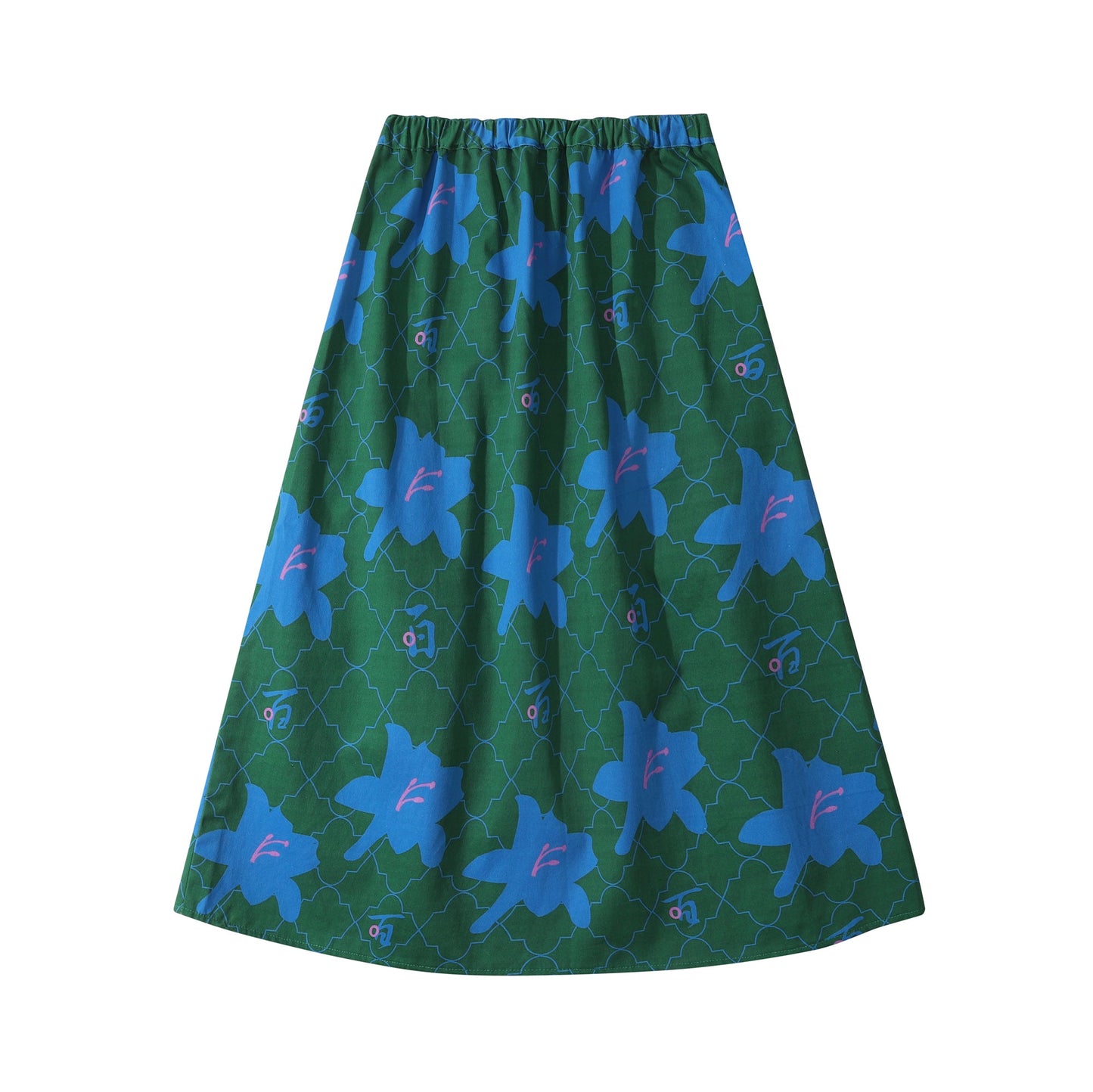 GOC floral cotton mid-length a line skirt - Green Lily