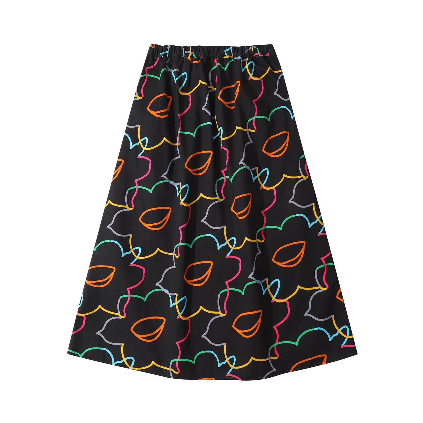 GOC floral cotton mid-length a line skirt -  neon crowded daffodil black