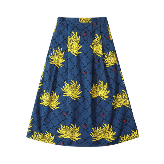 GOC floral cotton mid-length a line skirt - Chrysanthemum navy