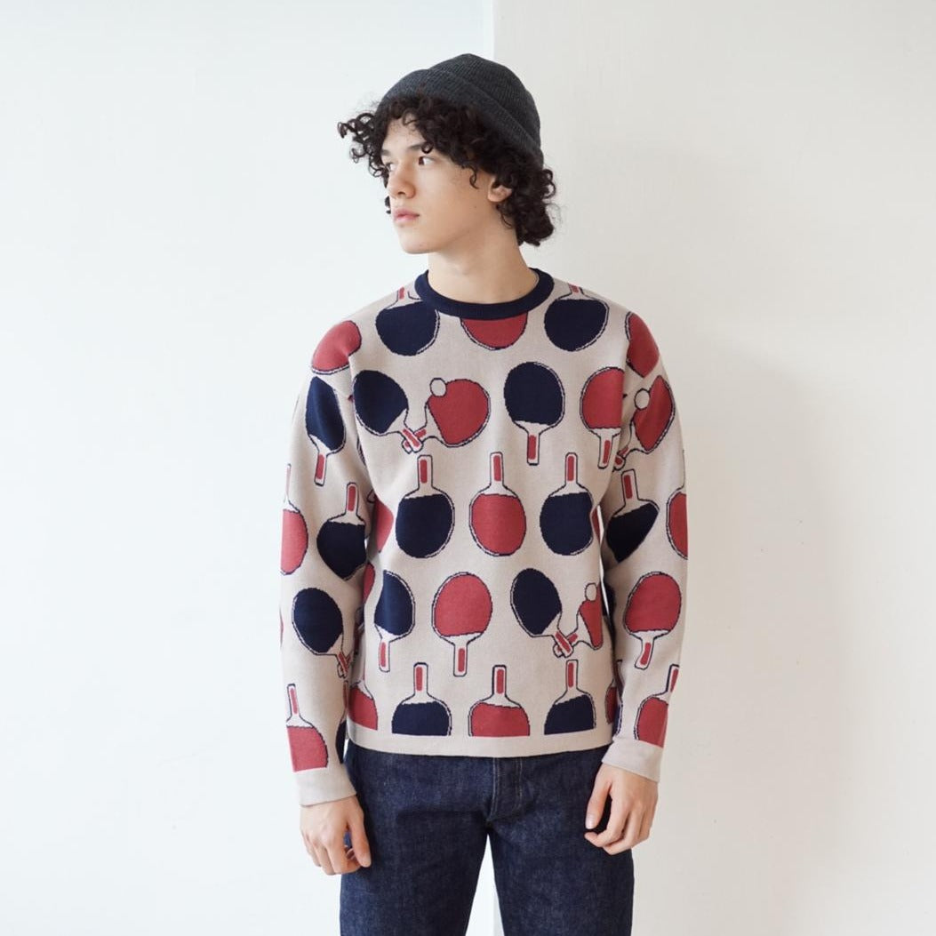 GOC crew neck retro print double knit cotton sweater - Ping pong