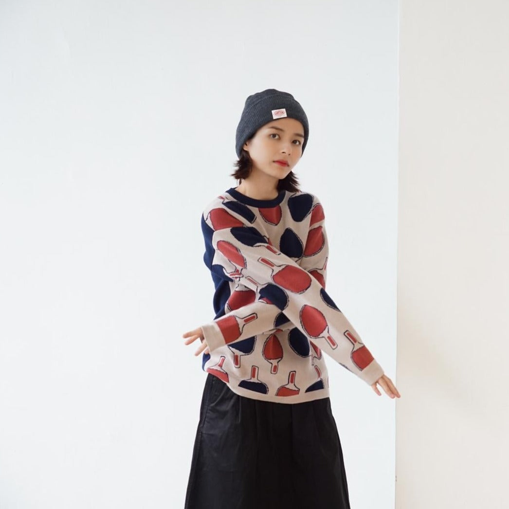 GOC crew neck retro print double knit cotton sweater - Ping pong