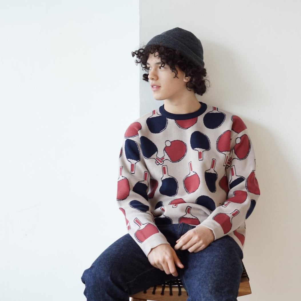 GOC crew neck retro print double knit cotton sweater - Ping pong