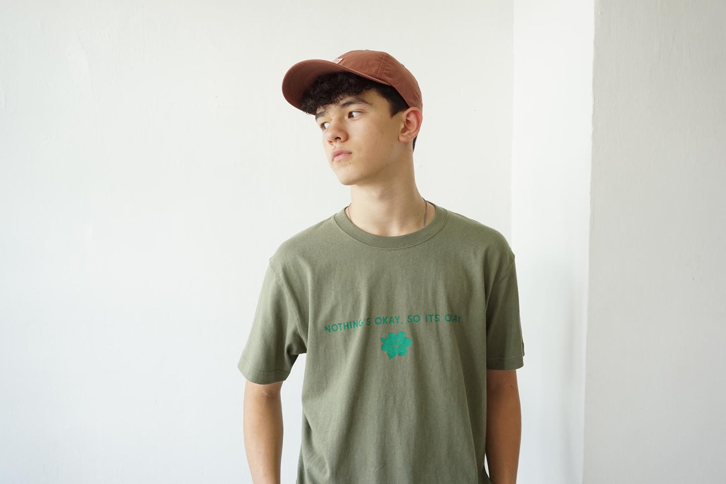 GOC US cotton "Nothing's okay, so its okay" slogan T-shirt - Olive green