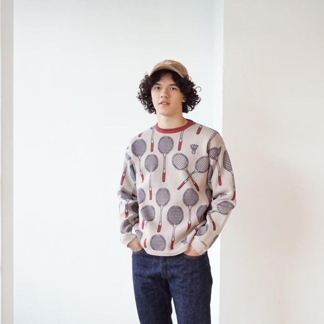 GOC crew neck retro print double knit cotton sweater - Badminton