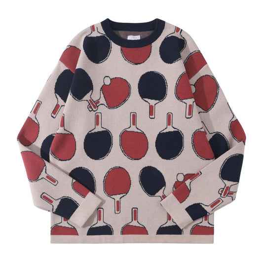 GOC crew neck retro print double knit cotton sweater - Ping pong