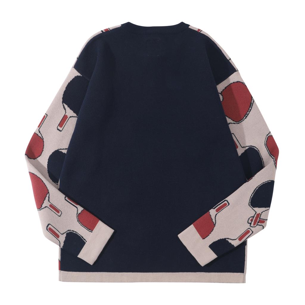 GOC crew neck retro print double knit cotton sweater - Ping pong