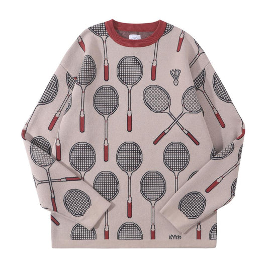 GOC crew neck retro print double knit cotton sweater - Badminton